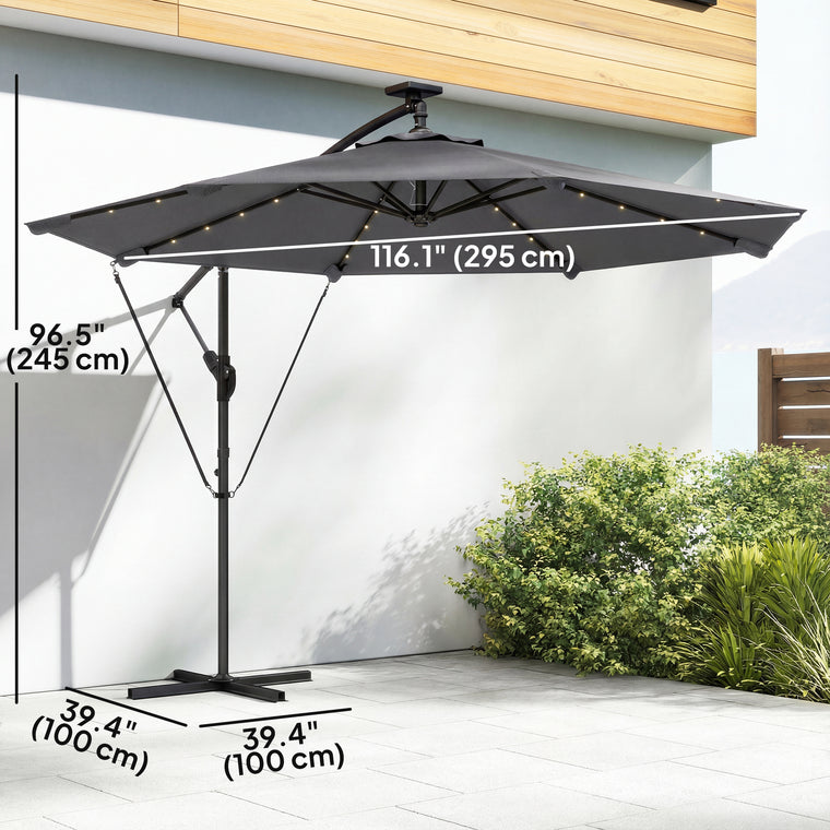 9.7ft Dark Grey Solar LED Cantilever Umbrella with Crank