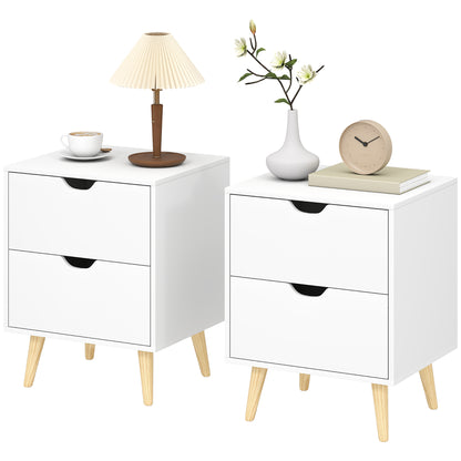 Nightstand Set of 2 with 2 Drawers and Pine Legs - White
