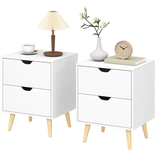 Nightstand Set of 2 with 2 Drawers and Pine Legs - White