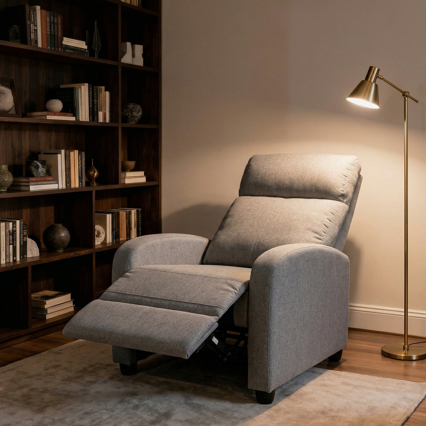 Manual Recliner Single Sofa Chair, Linen-Touch Home Theater Seating Armchair for Living Room, Light Grey