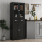 61" Kitchen Pantry Cabinet, Freestanding Farmhouse Buffet Storage Cabinet with Soft Close Glass Doors and Adjustable Shelves, Black