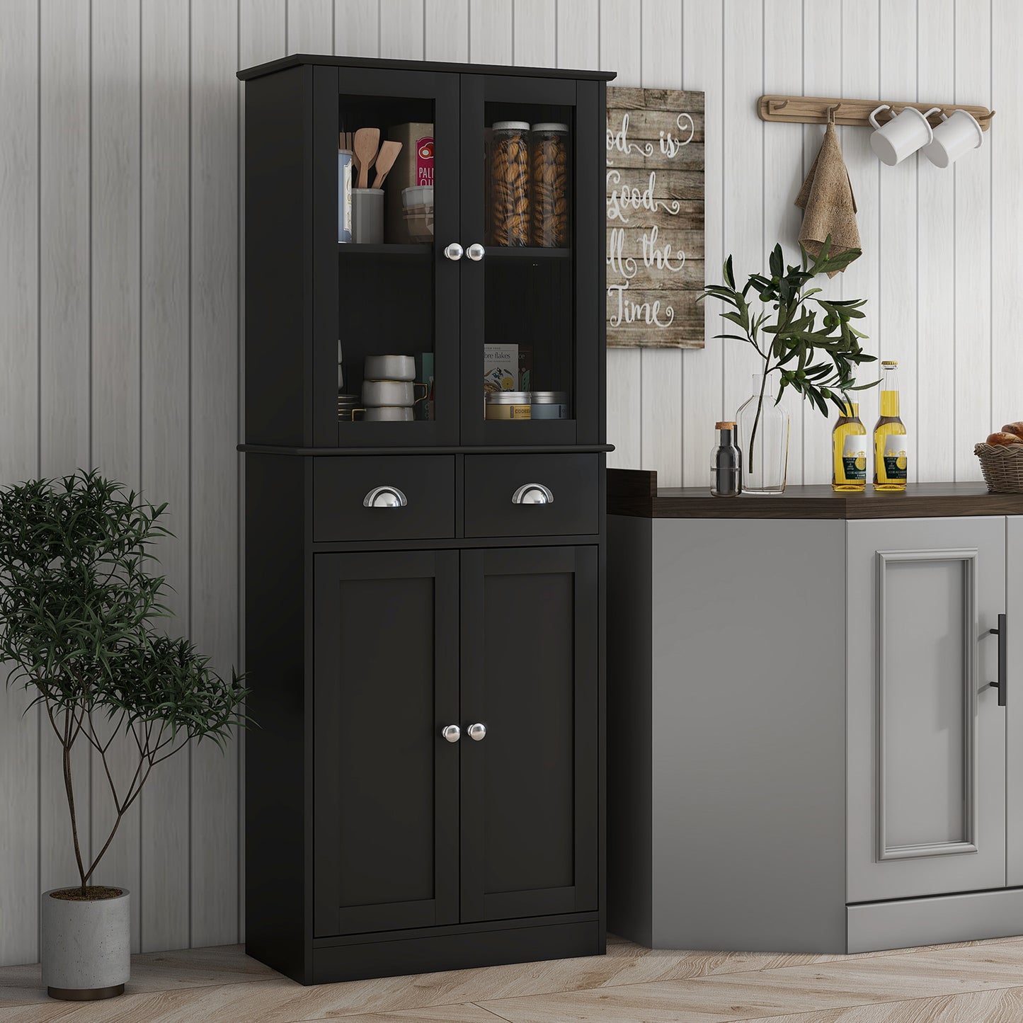 61" Kitchen Pantry Cabinet, Freestanding Farmhouse Buffet Storage Cabinet with Soft Close Glass Doors and Adjustable Shelves, Black