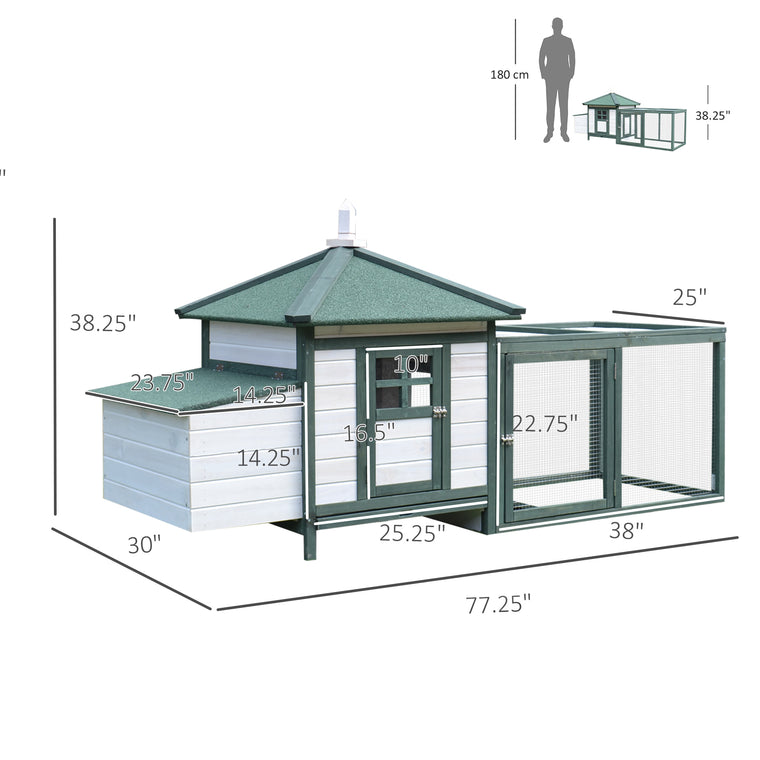 77" Green Chicken Coop with Nesting Box & Run