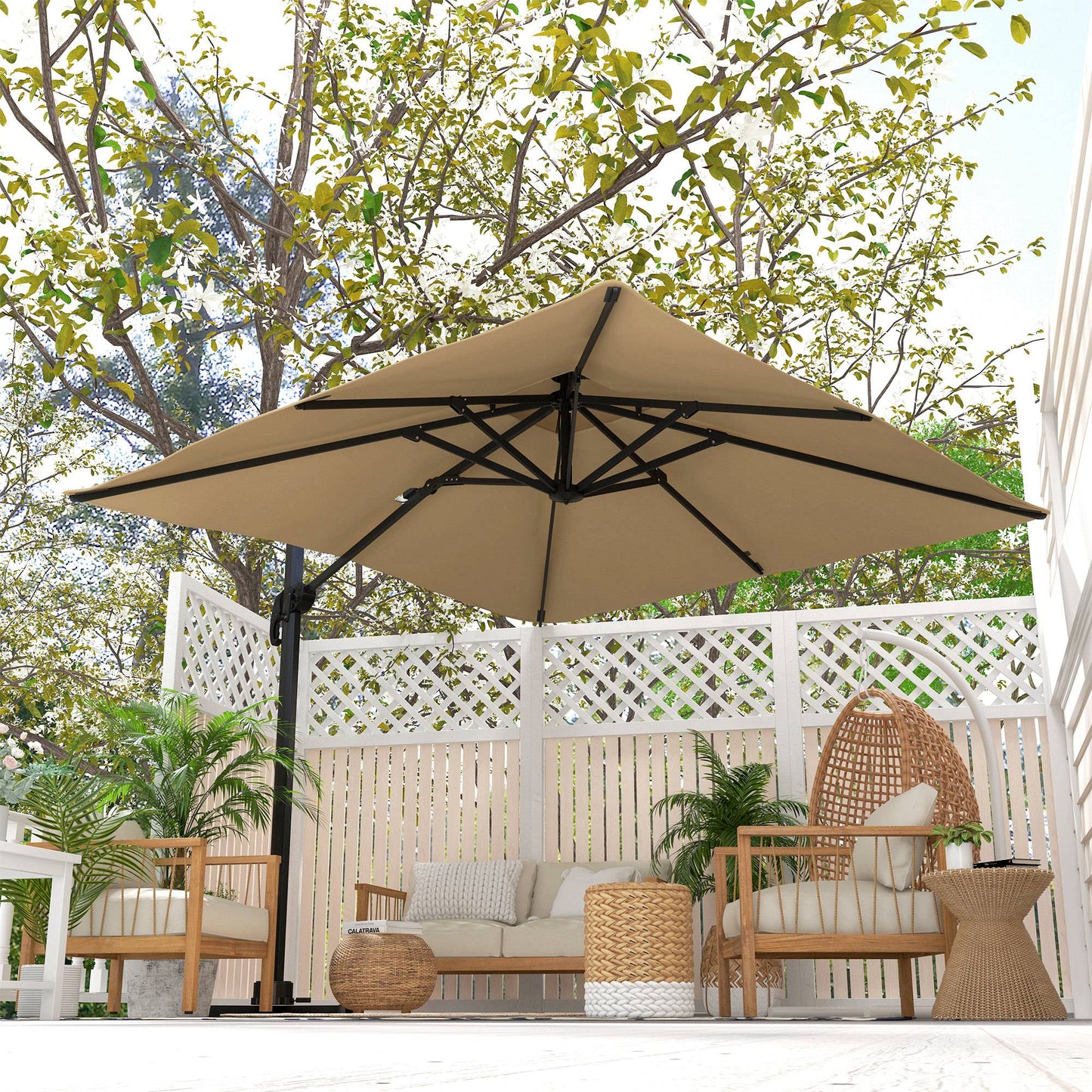 10ft Square Cantilever Patio Umbrella, 360° Rotating Overhanging Umbrella with Cross Base, Crank Handle, Khaki