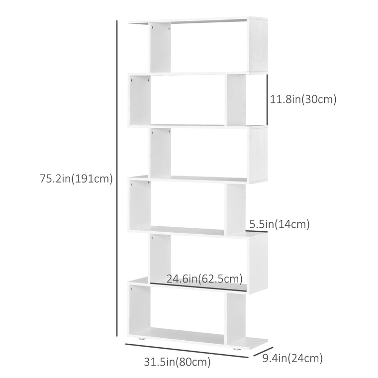 76" 6-Tier S-Shaped Geometric Bookcase - White