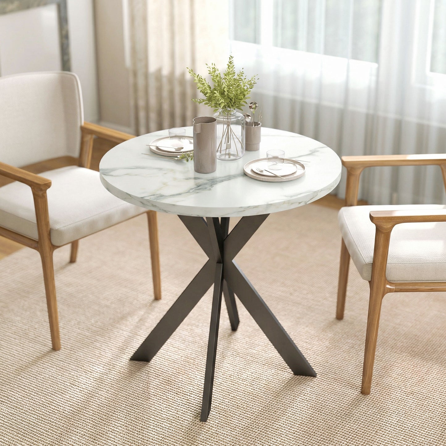 29" Dining Table, Contemporary Round Kitchen Table with Steel Legs, White Marble-Effect