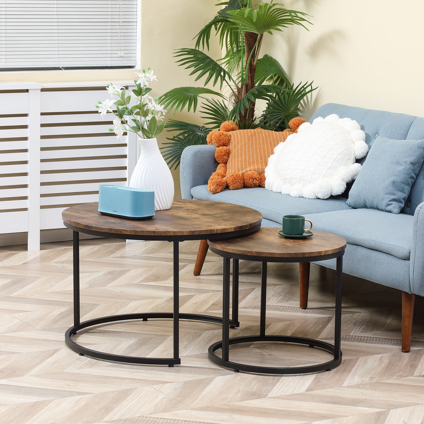 Nesting Tables, 29" Round Coffee Table Set of 2, Modern Side Tables for Living Room with Metal Base, Rustic Brown