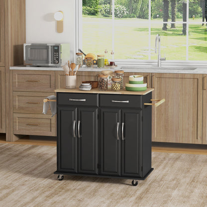Kitchen Island with Rubberwood Top and 2 Drawers - Black