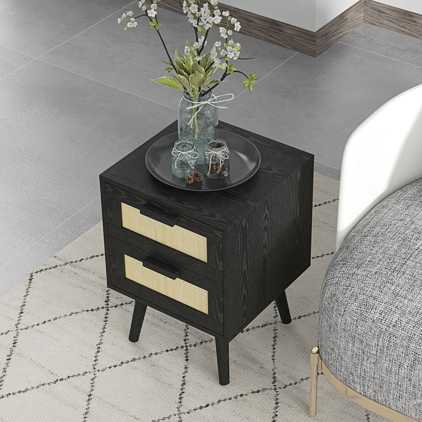 Boho Nightstands Set of 2, Bedside Tables with 2 Drawers for Living Room, Bedroom, Black