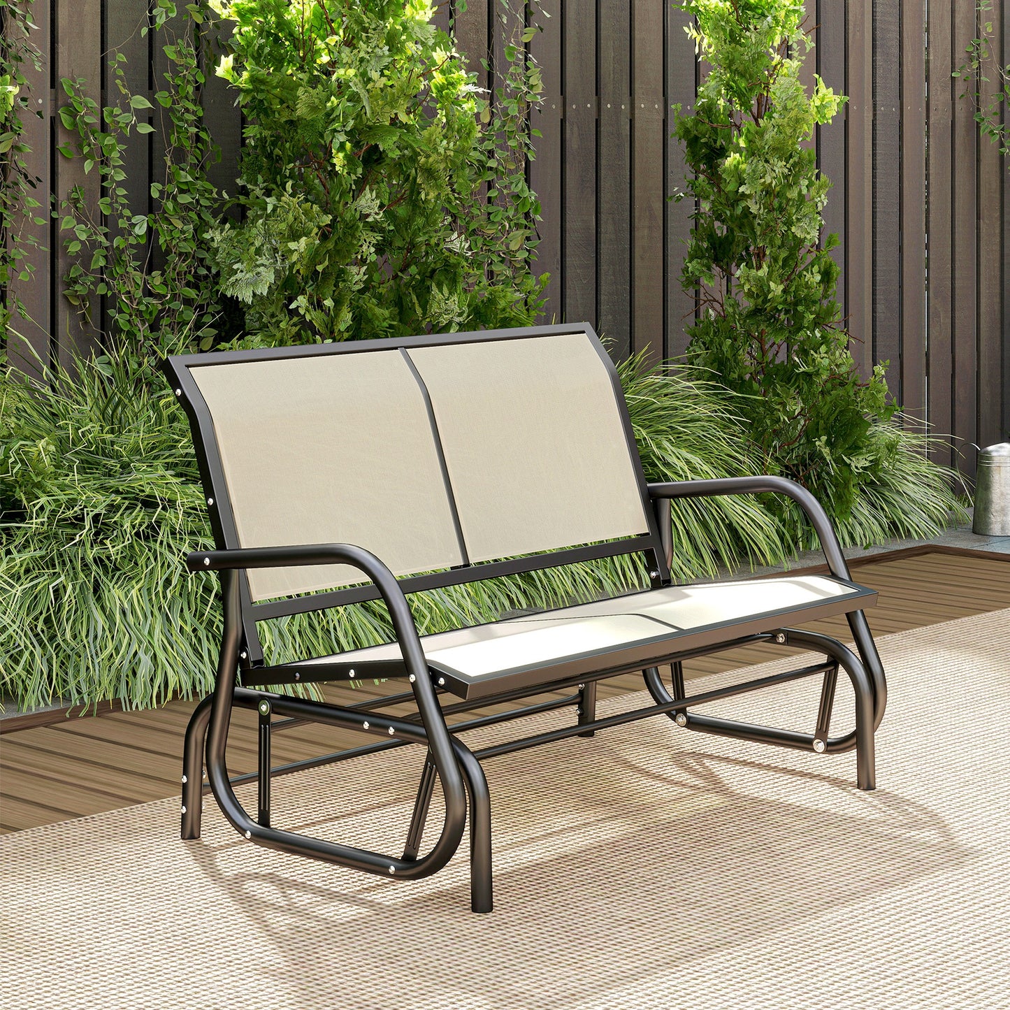 Outdoor Glider Bench, 2 Person Patio Glider Chair, Gliding Outdoor Garden Loveseat Swing Bench with Breathable Mesh Fabric, Steel Frame for Backyard, Porch, Cream White
