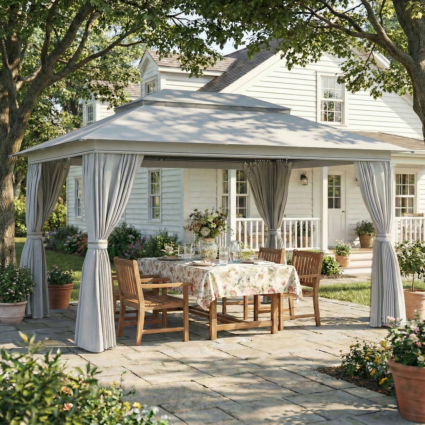 10' x 13' Patio Gazebo, UPF50+ Double Roof Outdoor Gazebo Canopy with Netting and Curtains, Steel Frame, Dark Grey