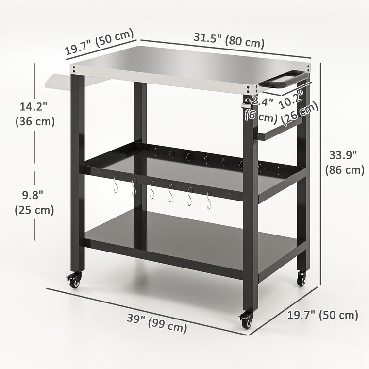 Stainless Steel Pizza Oven Stand with Bar Cart & Hooks