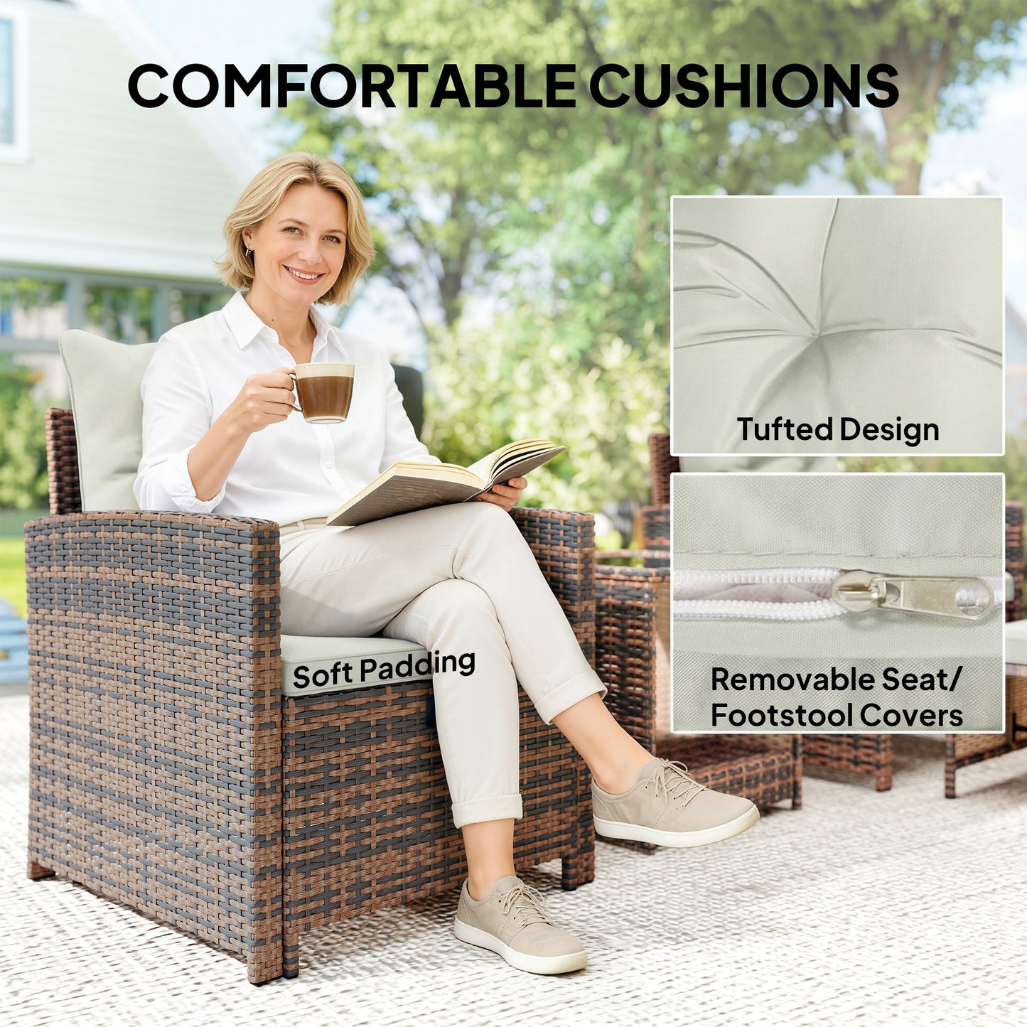 5 Piece Patio Furniture Set, Wicker Patio Chairs with Ottomans, 2-Tier Glass Coffee Table and Cushions, Brown/Cream