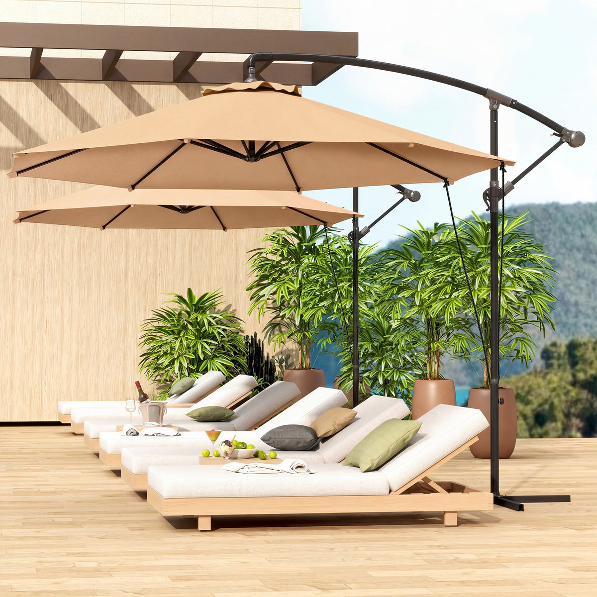 9.5' Khaki Cantilever Umbrella with Wind Protection Strap
