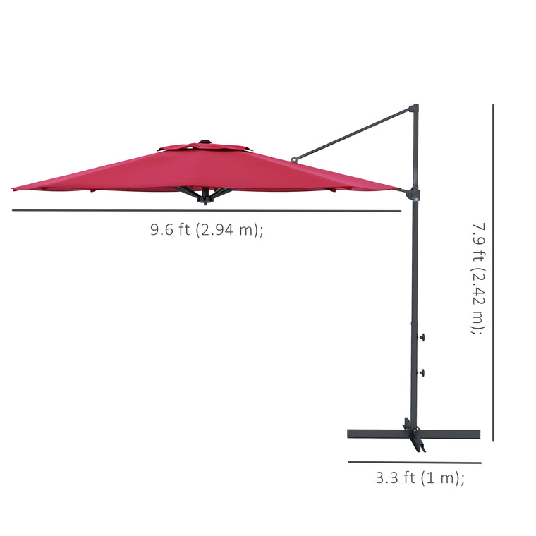 10FT Red Aluminum Cantilever Umbrella with 360° Rotation