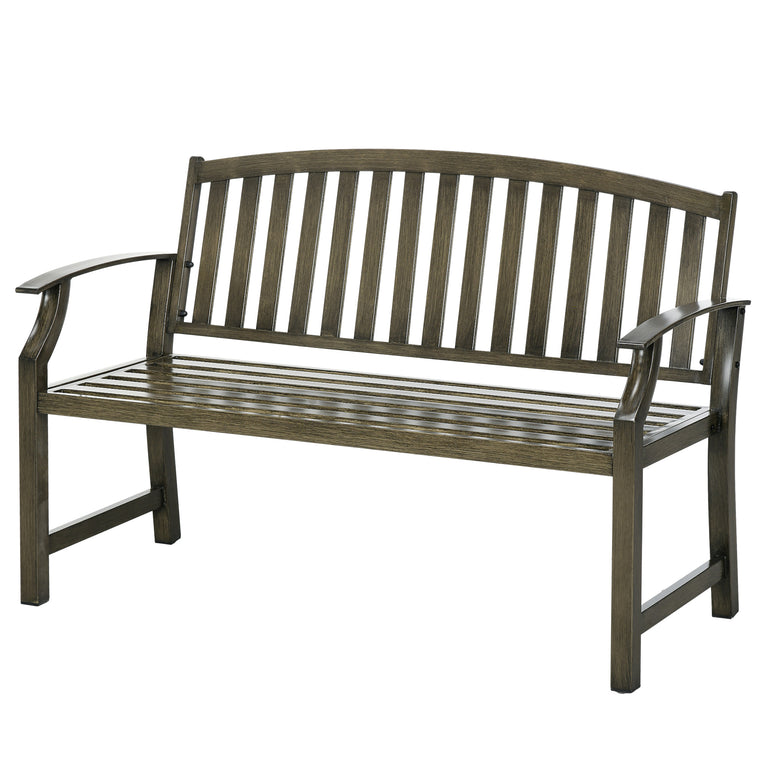 Metal Garden Bench with Wood-Look Slatted Frame