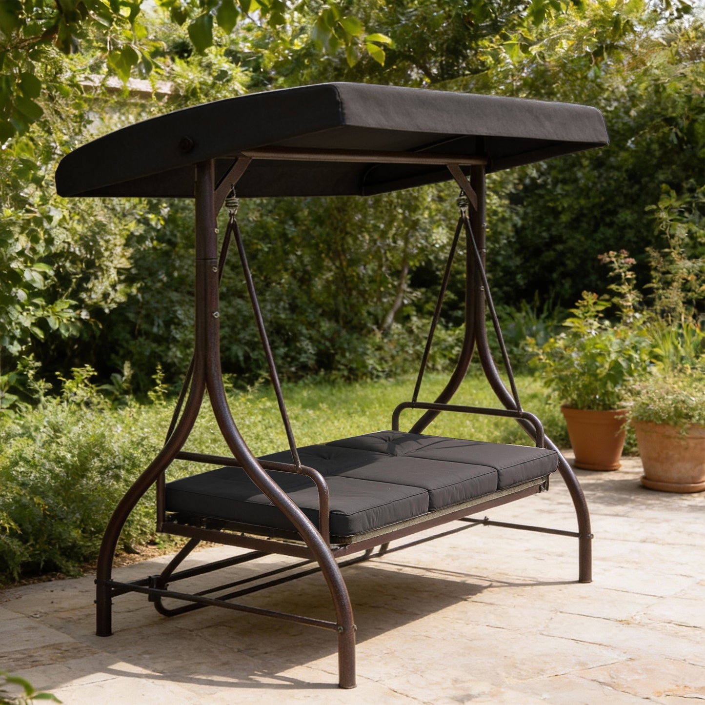 Convertible Patio Swing Bed with Canopy and Cushions, 3 Seater Porch Swing for Outdoor, Backyard, Garden, Black
