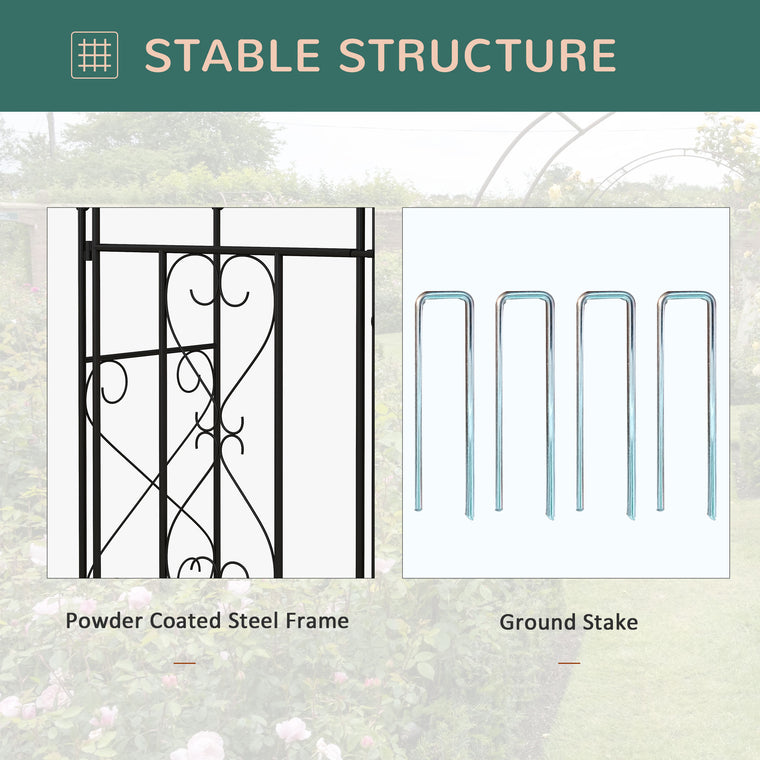 7.6FT Black Metal Garden Arch with Gate & Trellis