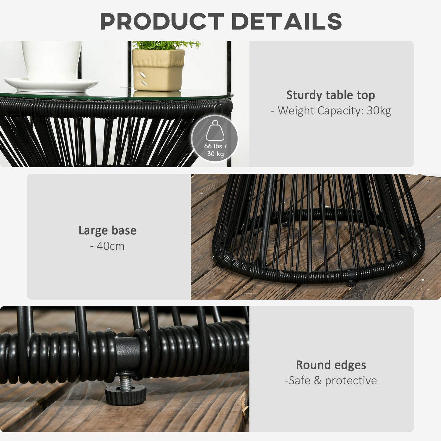 Round End Table, Rattan Side Table, Hollow Drum Design Coffee Table w/ Glass Top for Patio, Garden, Balcony, Dark Grey