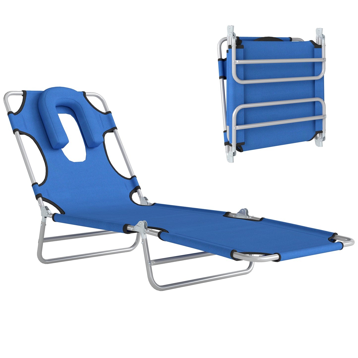 Folding Lounge Chair Outdoor, Tanning Chair with Face Hole Arm Slots, Beach Chaise Lounger with Pillow, 5-Position Adjustable Portable Sun Lounger Bed for Pool, Black