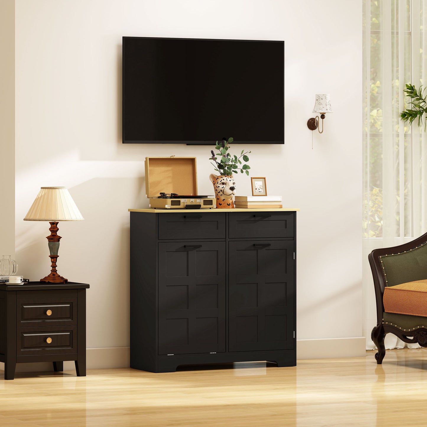 13 Gallon Tilt Out Garbage Cabinet, Kitchen Island with Trash Cabinet, 2 Drawers, Door Racks, Adjustable Shelves, Black