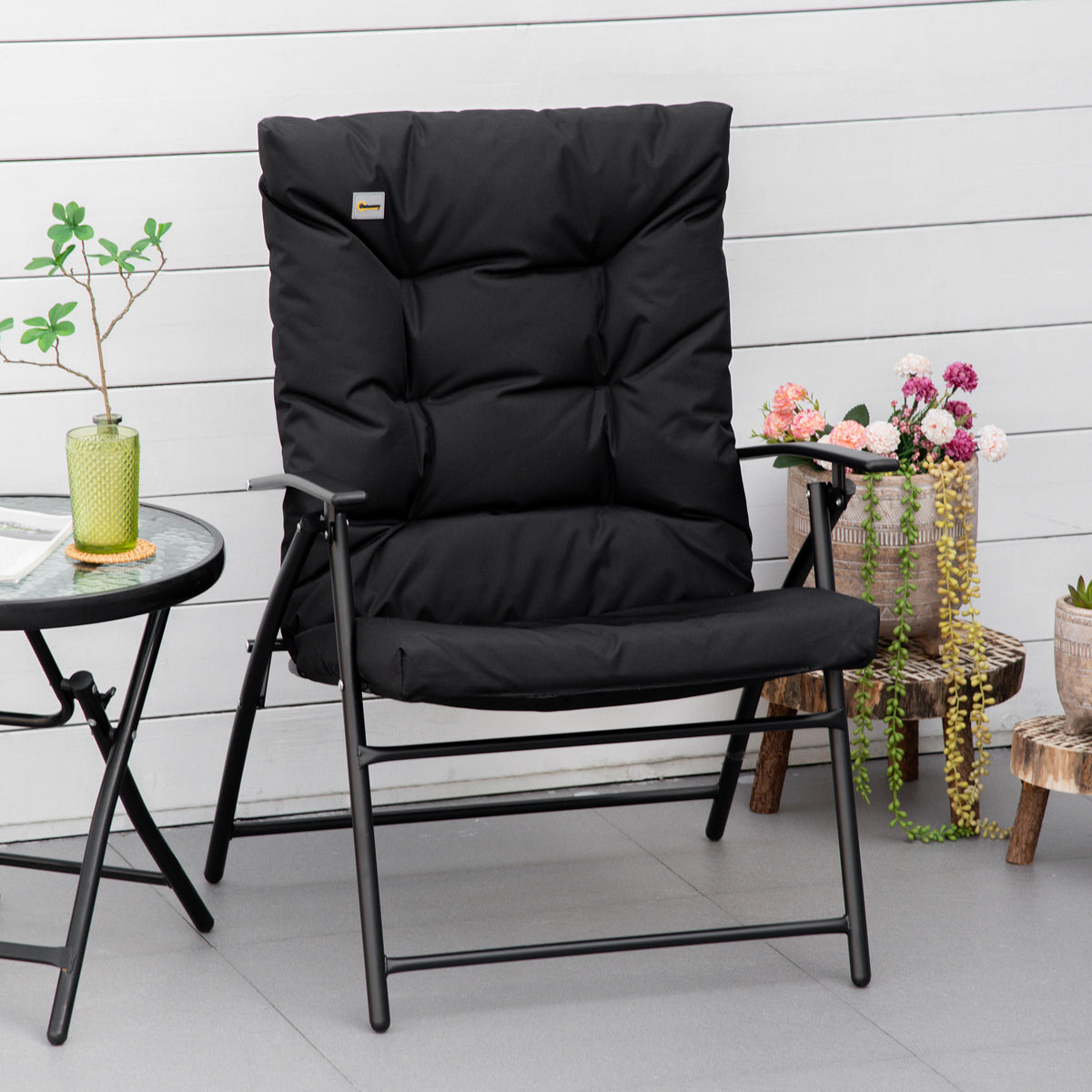 Foldable Lounge Chair, Fabric Upholstered Recliner, Outdoor Lounger with Armrest, Metal Frame for Backyard, Blue - Black