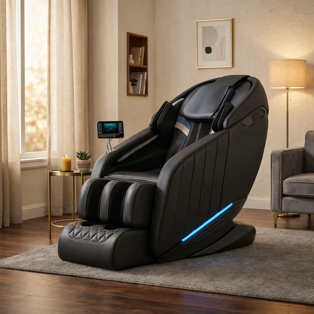 Serenity Leather Heated Massage Chair in black leather, front facing view in living room setting
