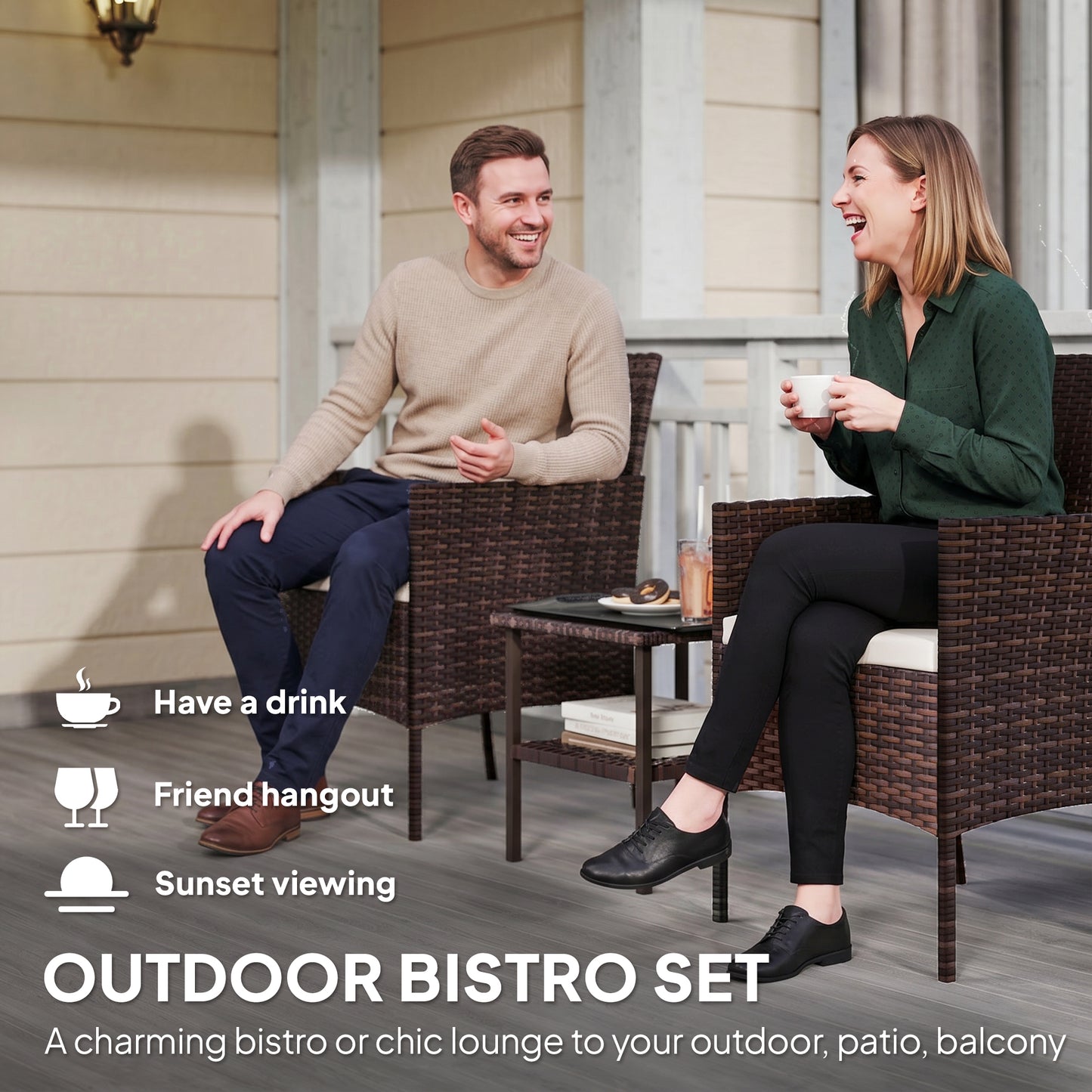 Wicker Bistro Set, 3 Piece Patio Furniture Set with 2-Tier Glass Top Table, Cushions for Balcony, Porch, Beige