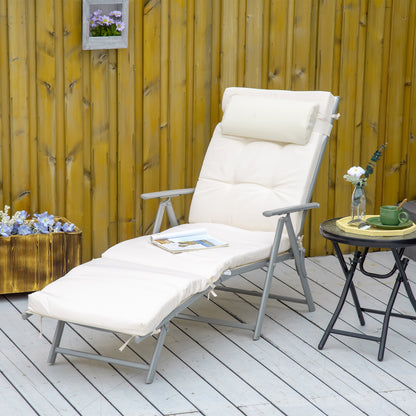 Outdoor Folding Chaise Lounge Chair Recliner with Portable Design, Adjustable Backrest, Cushion and Headrest, Black - Cream White