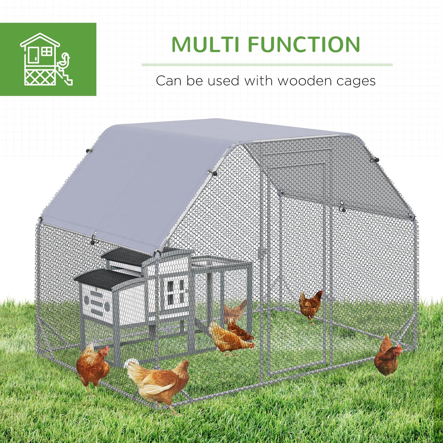 Chicken Run Outdoor, Galvanized Large Metal Chicken Coop Cage, Walk-in Enclosure Poultry Hen Run House Playpen Rabbit Hutch with Flat Roof, Cover