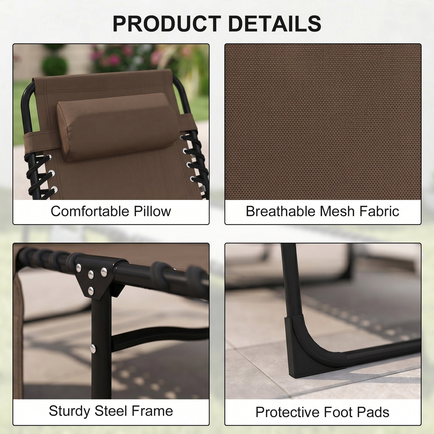 Outdoor Folding Chaise Lounge, Reclining Lounge Chair with Adjustable Backrest and Removable Pillow, Brown