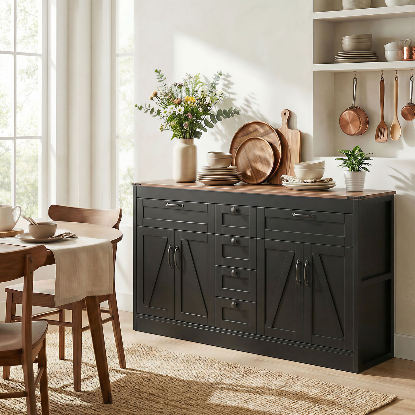 Sideboard Buffet Cabinet, 55" Farmhouse Kitchen Cabinet with 4 Barn Doors, 6 Drawers and 2 Adjustable Shelves, Black