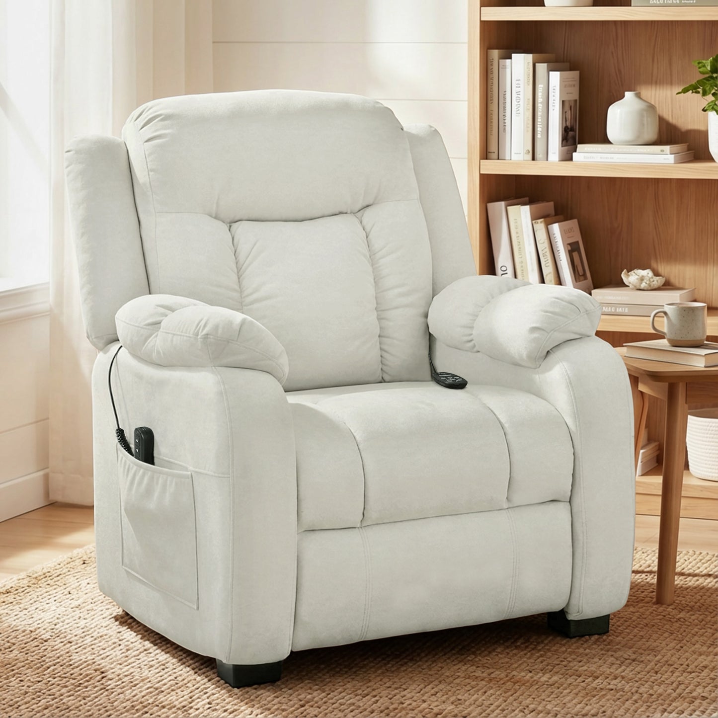 Massage Recliner Chair with Quiet Brushless Motor Pet-Friendly Fabric Power Recliner with 2 Memory Positions Cream White
