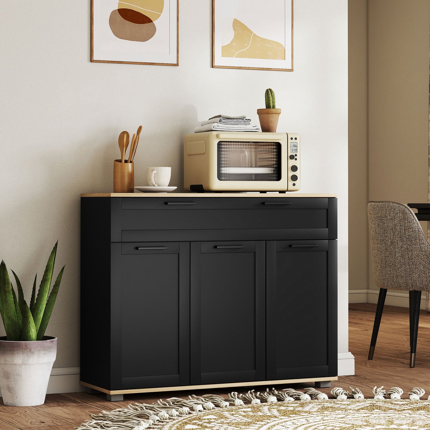 Sideboard Buffet Cabinet, Modern 40" Coffee Bar Cabinet with Wide Drawer, 3 Doors and 2 Adjustable Shelves, Black