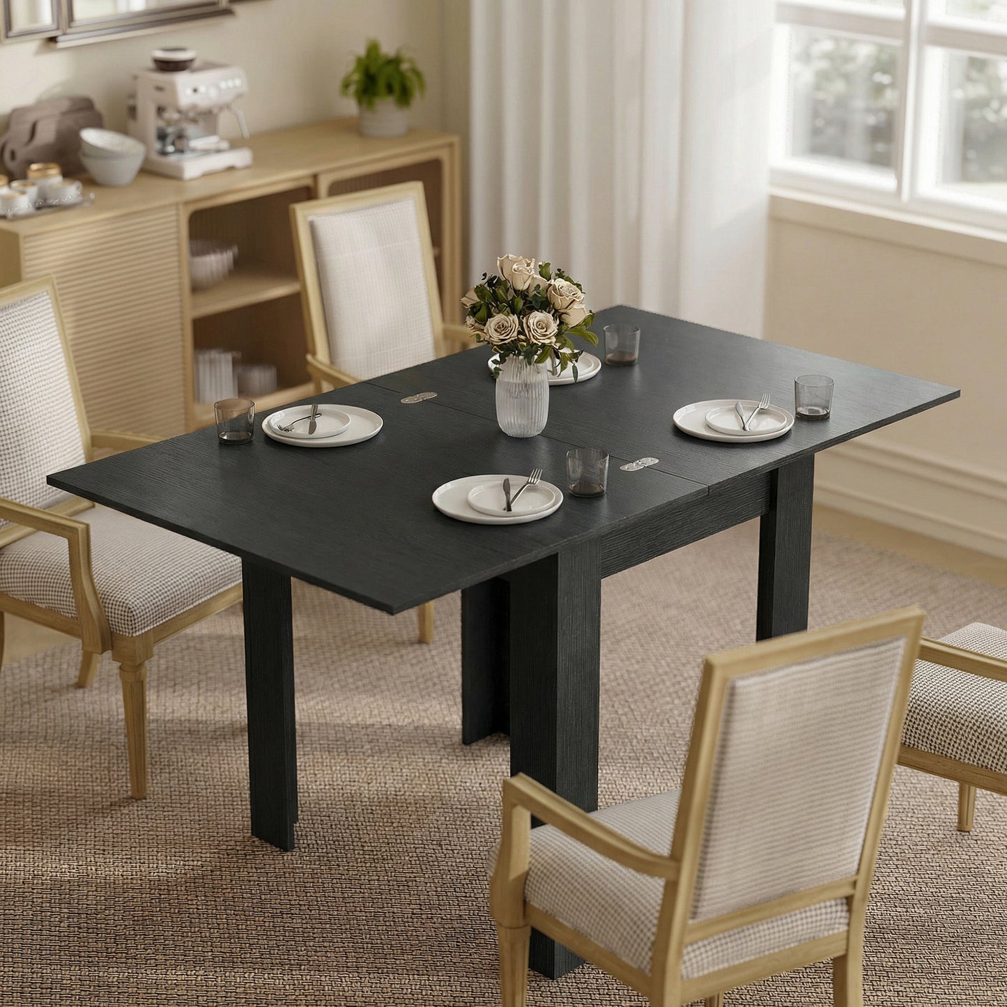 55" Extendable Dining Table for 4-6, Kitchen Table with Steel Slides and Felt Pads for Small Spaces, Black