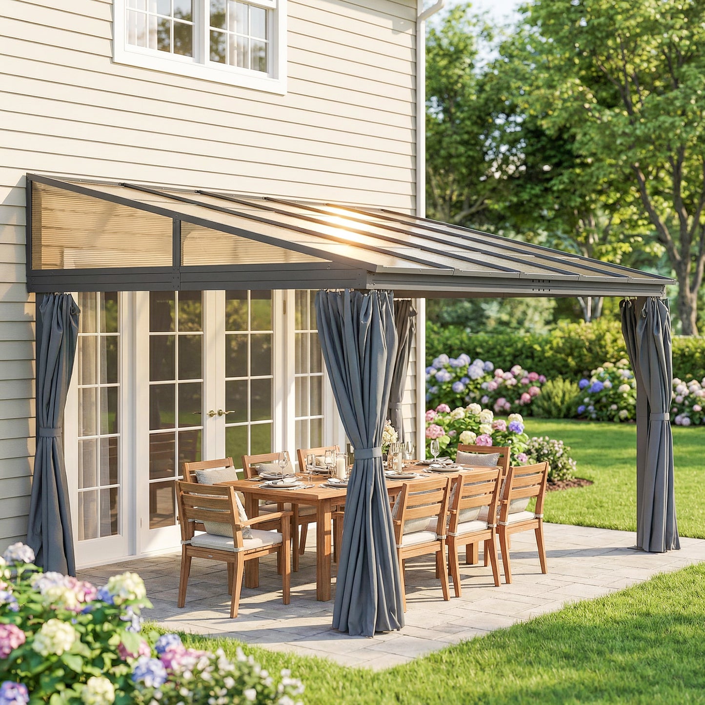 10' x 13' Outdoor Hardtop Pergola Gazebo with Polycarbonate Roof, UV Protection Sun Shelter with Curtains for Garden, Patio and Outdoor Events