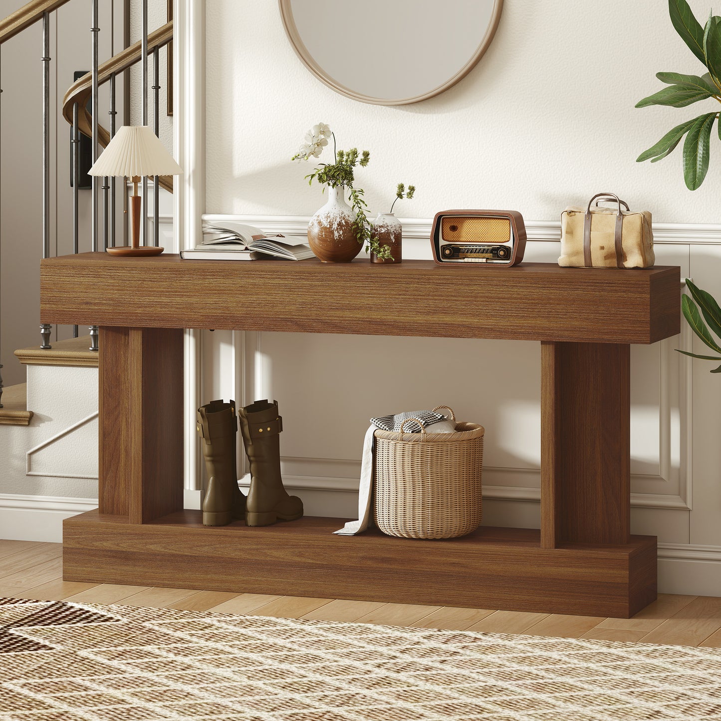 63 Inch Long Console Table, Vintage Narrow Entryway Table with Storage Shelf for Living Room and Hallway, Dark Brown
