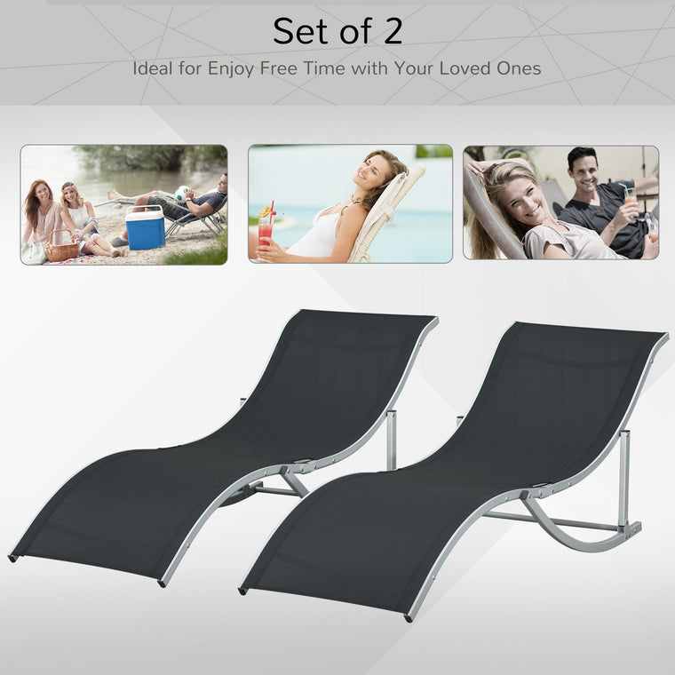 Black S-Shaped Foldable Pool Chaise Lounge, Set of 2