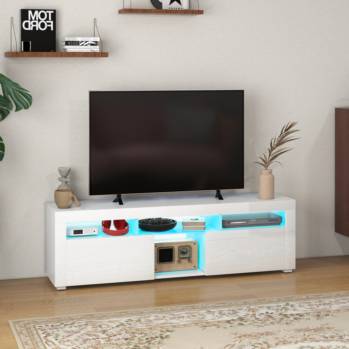 Modern TV Stand with Storage and LED Lights for TVs up to 55", TV Cabinet with Open Compartments, High Gloss White