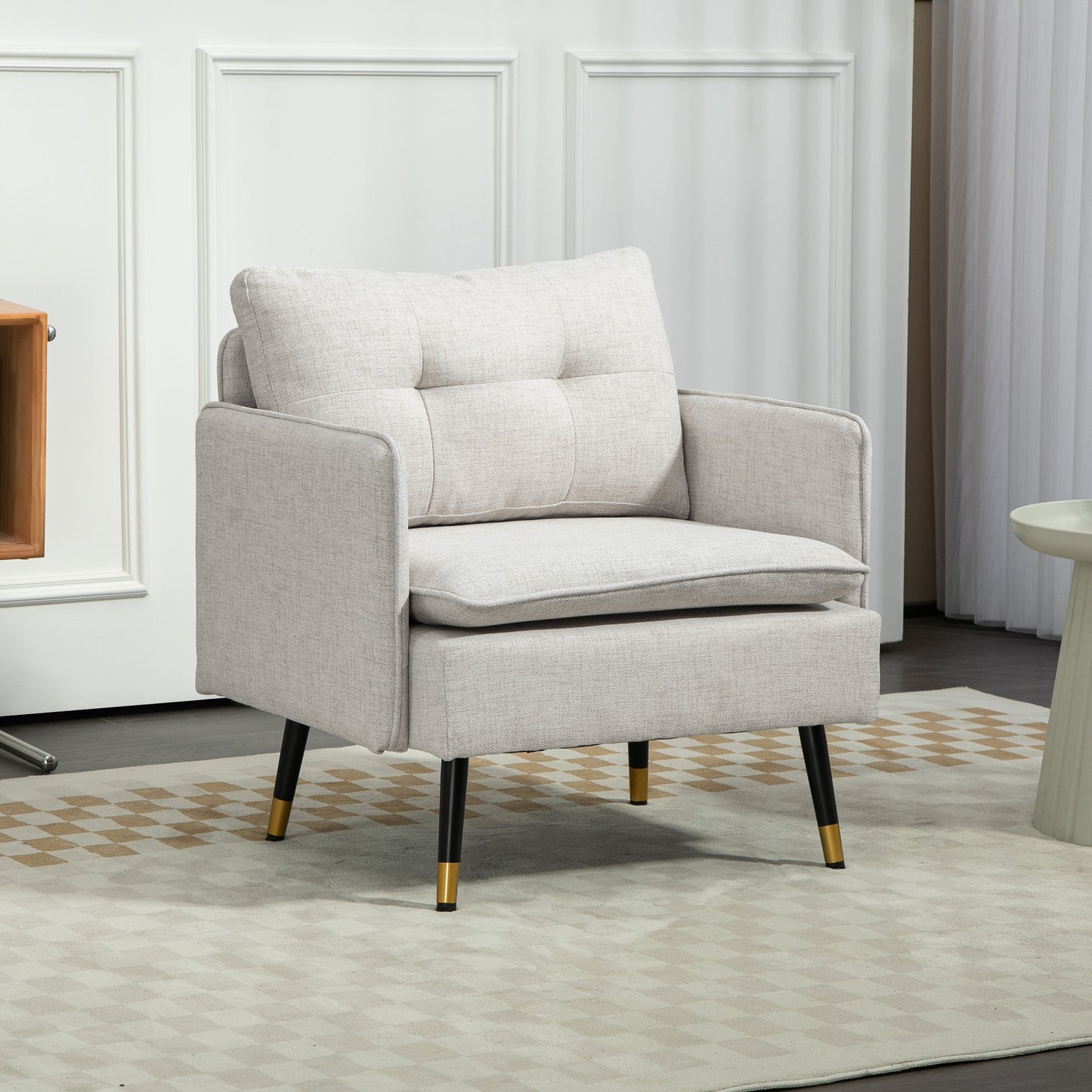 Accent Chair, Upholstered Armchair with Tufted Back Cushion and Steel Legs for Living Room, Bedroom, Cream White