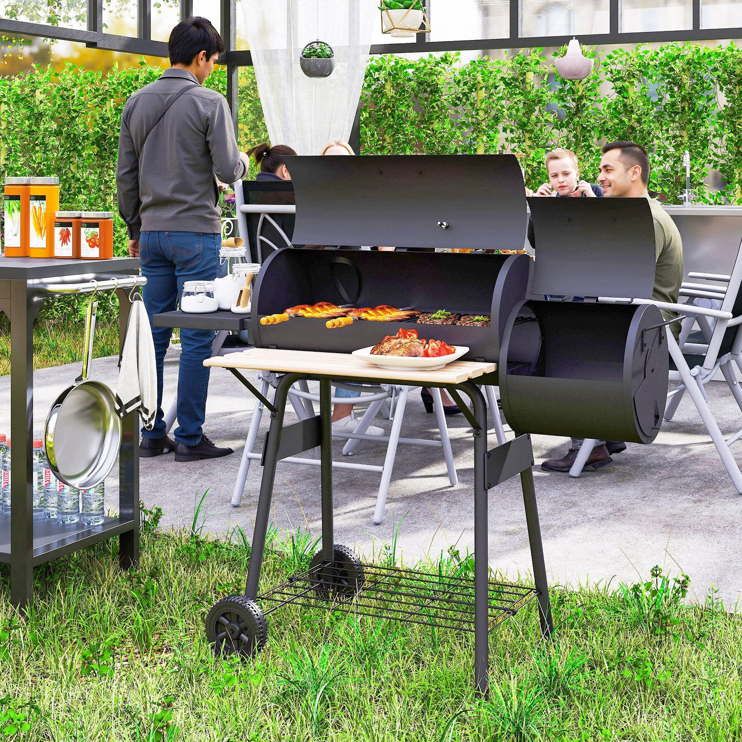 Charcoal BBQ Grill with Offset Smoker Portable Backyard Cooking Smoker, 124 x 53 x 104 cm, Black