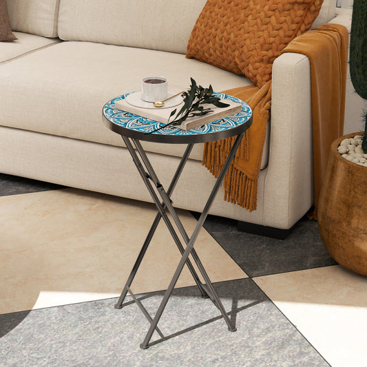 Mosaic Outdoor Patio Side Table, 14" Round Folding Outdoor Coffee Table with Steel Frame for Balcony Deck Patio Terrace, Mixed Colour - Blue