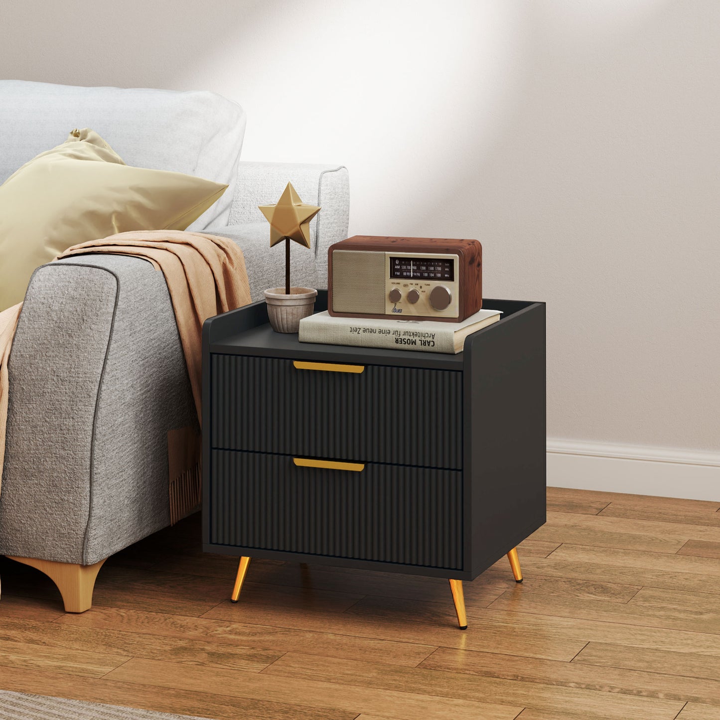 Bedside Table, Nightstand with 2 Drawers, Side End Table with Metal Legs for Bedroom, Black