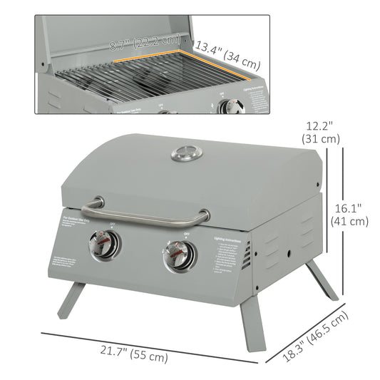 2 Burner Propane Gas Grill, Portable Tabletop BBQ with Foldable Legs, Lid, for Camping, Picnic, Silver