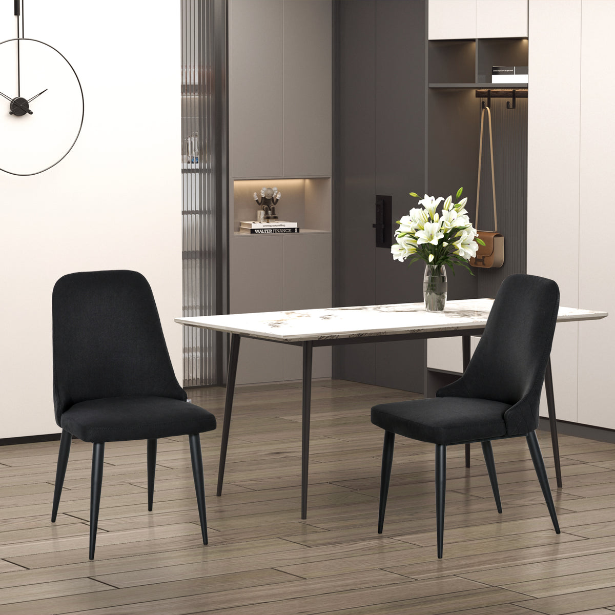 Modern Dining Chair Set of 2, Fabric Upholstered Side Chairs for Kitchen Living Room with Metal Legs, Black