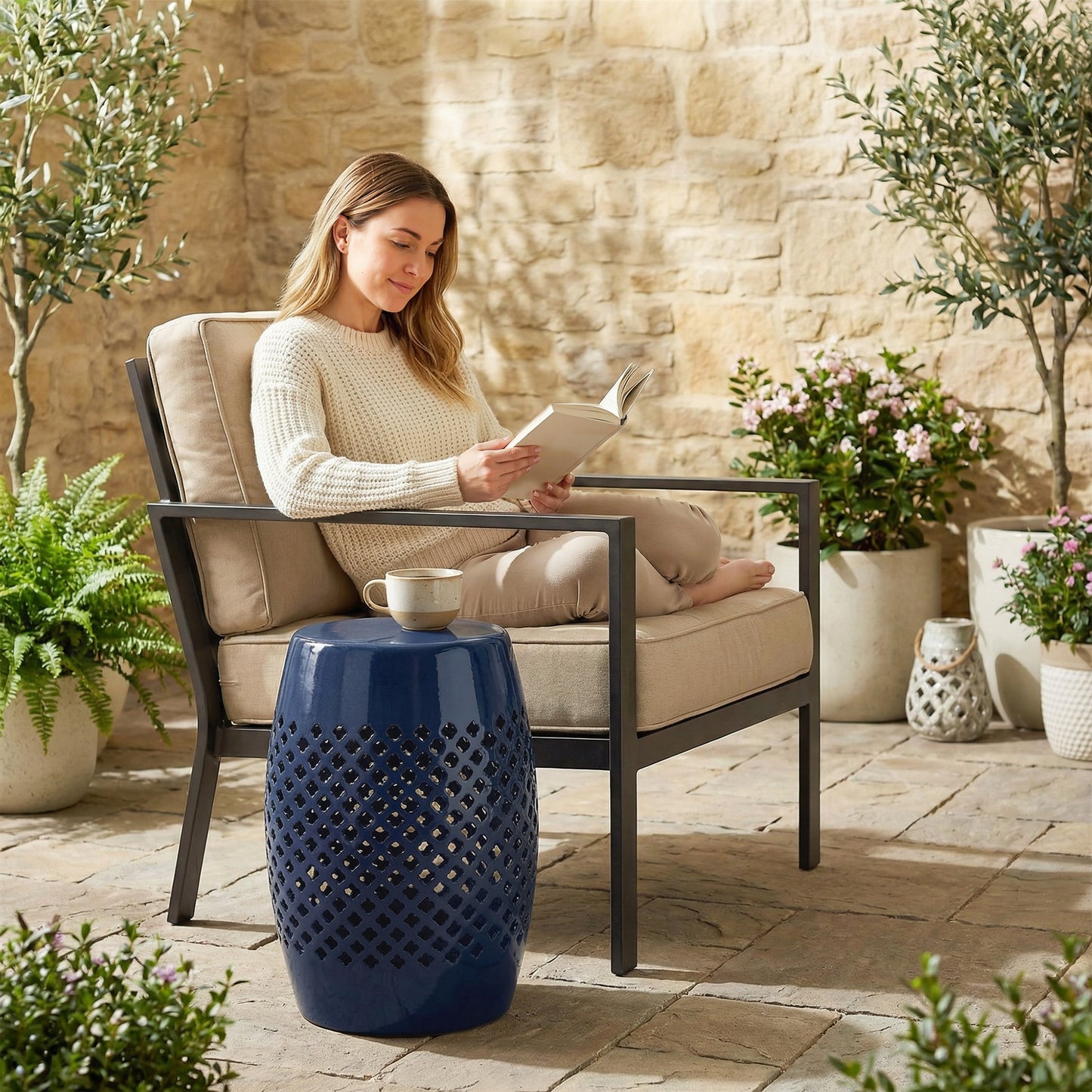 12" Steel Patio End Table, Round Hollow Drum Side Table, Accent Table for Indoor and Outdoor, Navy Blue