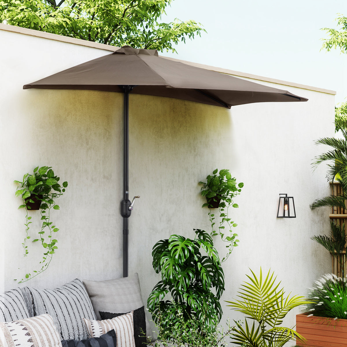 9ft Half Round Umbrella Outdoor Patio Garden Balcony Parasol Window Sun Shade w/ 5 Ribs Coffee