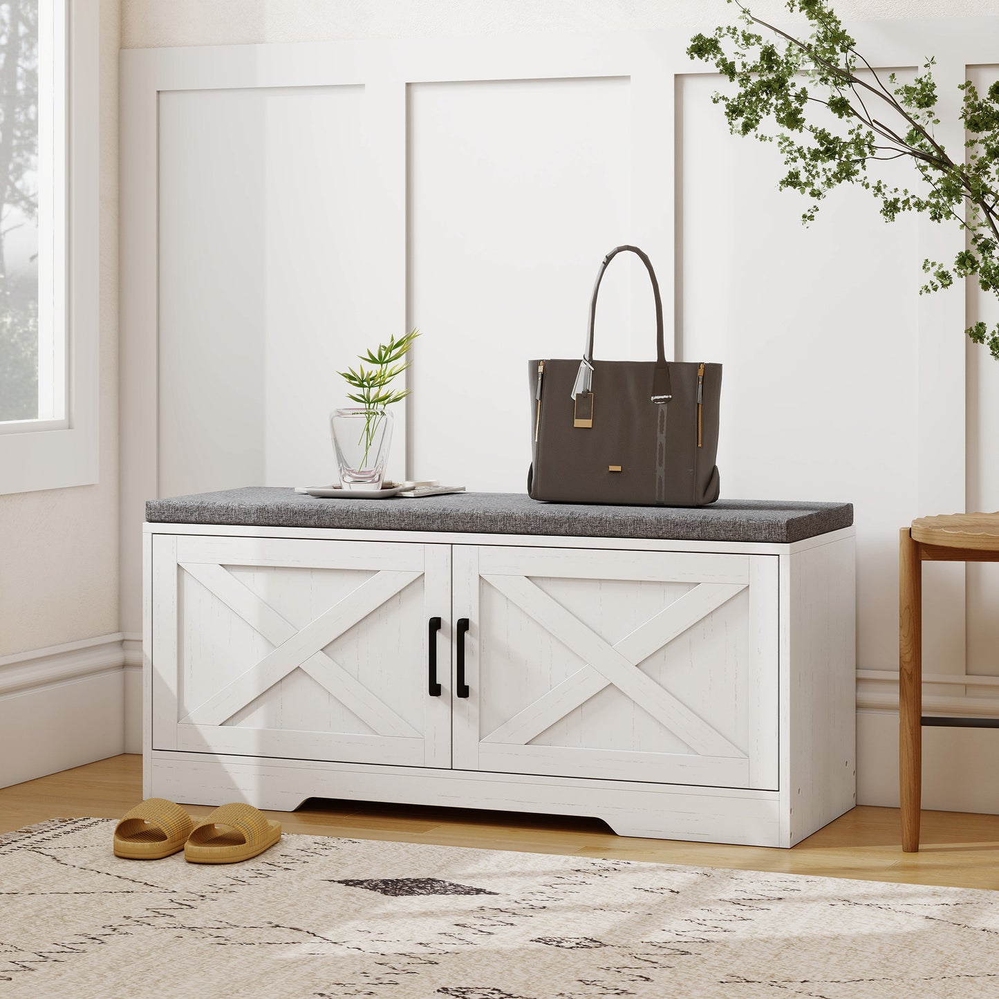 Shoe Bench with Cushion Shoe Storage Bench with Doors Adjustable Shelves for Entryway, White