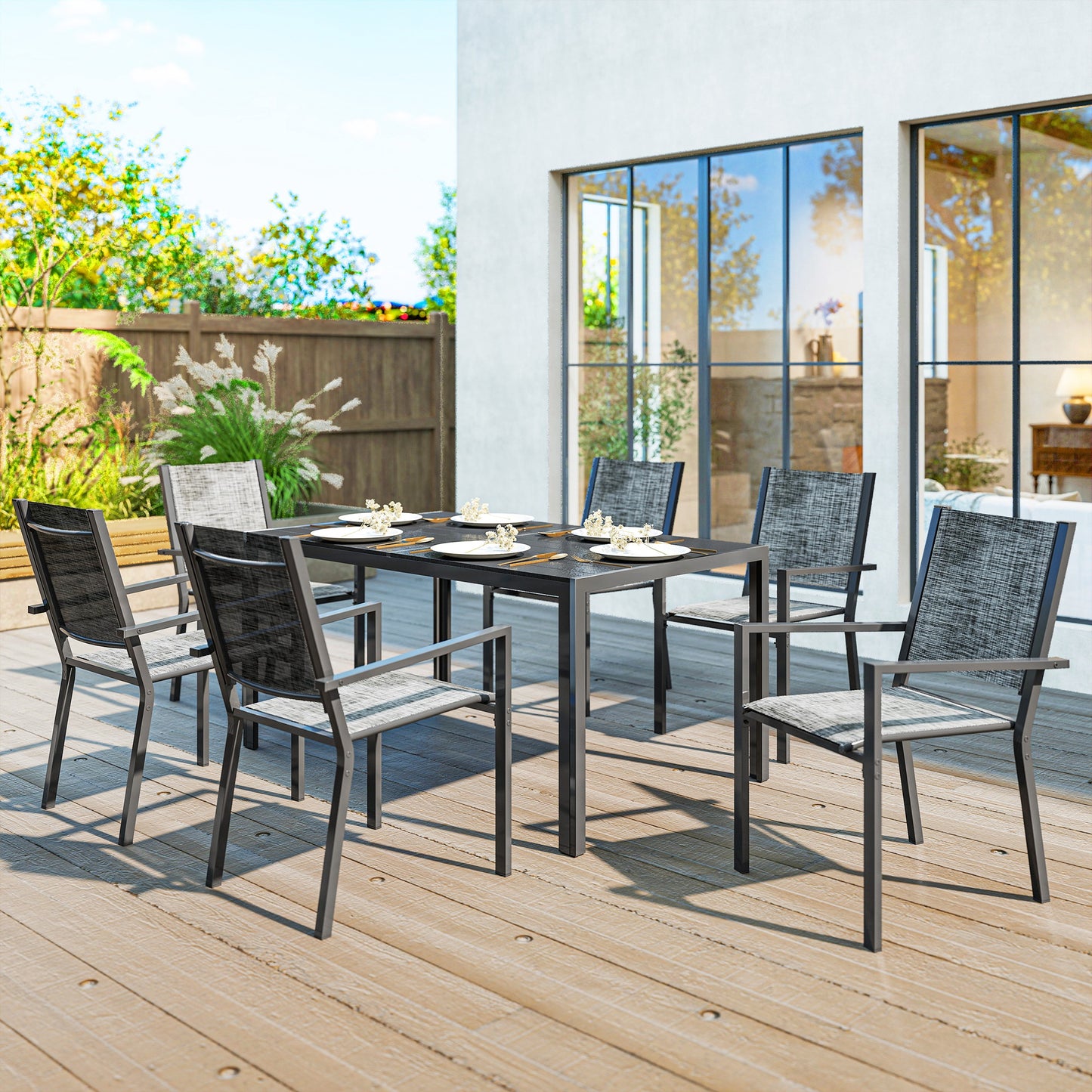 7 Piece Outdoor Dining Set with 6 Stackable Chairs, Rectangle Table, WPC Slatted Top, Rust-Resistant Steel Frame - Black