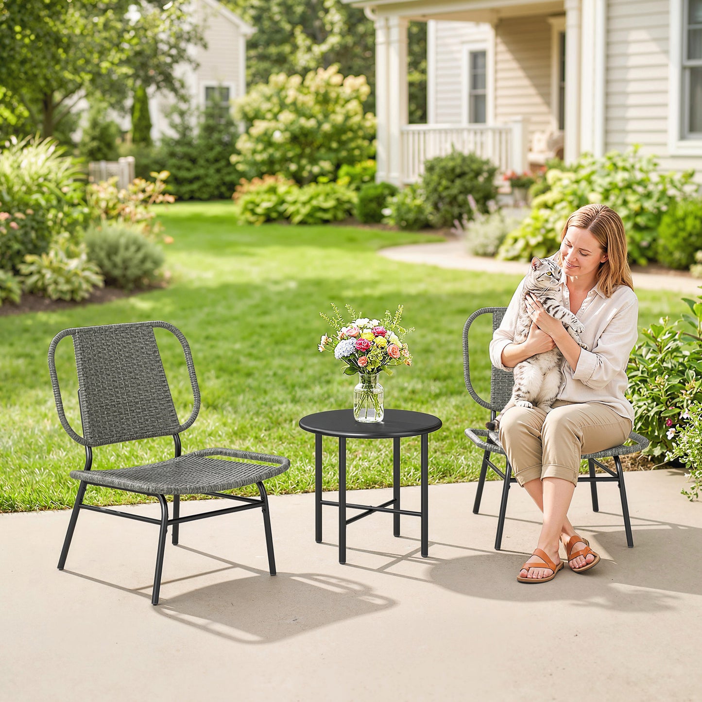 3 Piece Wicker Patio Furniture Set, Outdoor Bistro Set with Steel Table, Rattan Outdoor Conversation Furniture, Grey